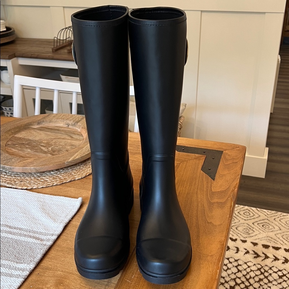 Tory Burch Navy Blue Tall Logo Rain Boots - Picture 3 of 8